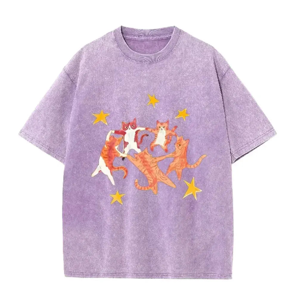 Vintage Washed Purple Dancing Orange Cats Star Print Casual Cute Animal Graphic T Shirt by Vimost Shop
