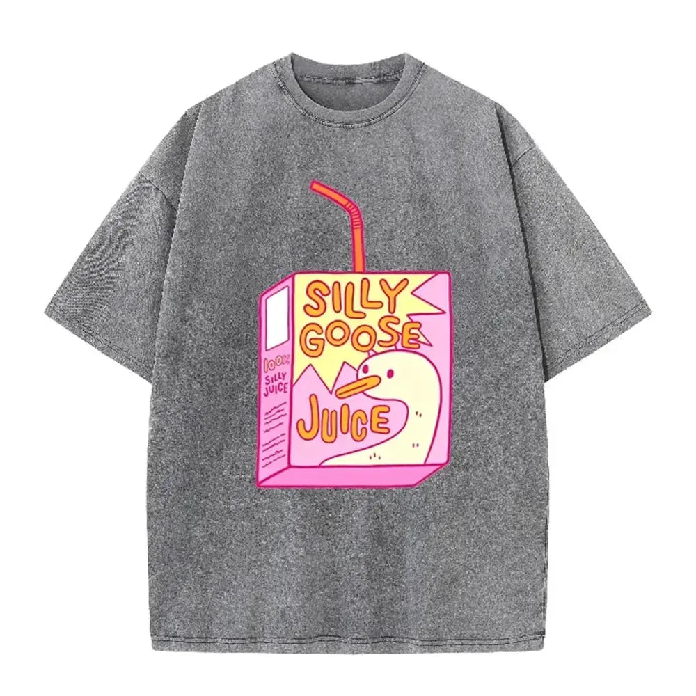 Cute Silly Goose Juice Box Print Washed Purple Y2K Aesthetic Women T-shirt by Vimost Shop