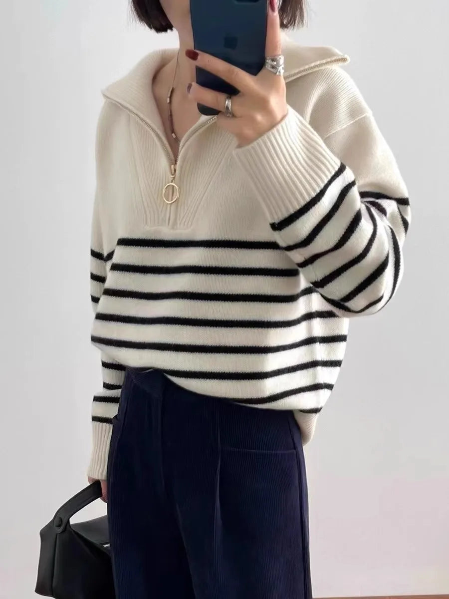 Autumn/Winter new classic striped zipper turtleneck + lapel 100% cashmere knit sweater women's bottom sweater-2