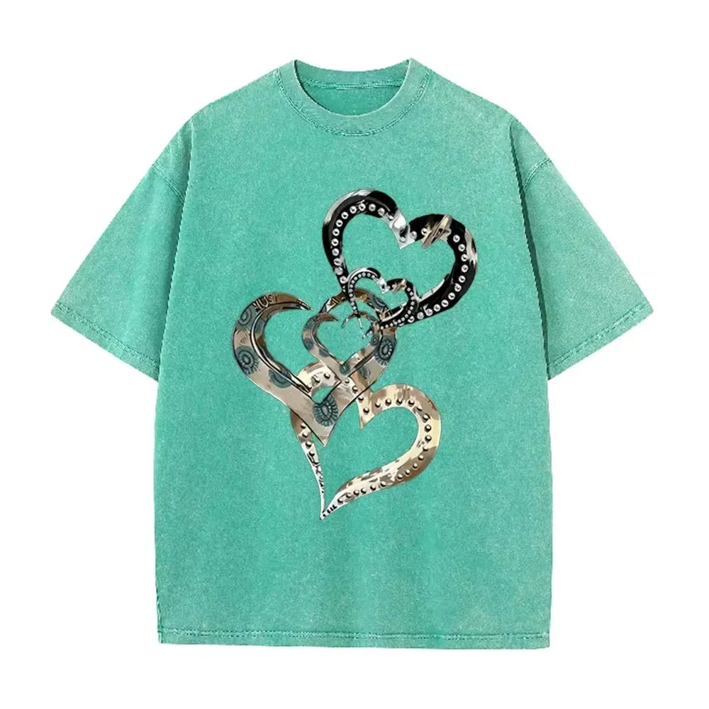 Retro Acid Wash Oversized T-shirt Metallic Multi Heart Print Punk Rivet Design Casual Street Tops by Vimost Shop