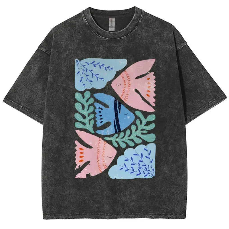 Feng Shui Minimalist Cartoon Printed Men's T-shirt Large Loose T-shirt Casual Retro Washed Short Sleeved T-shirt by Vimost Shop