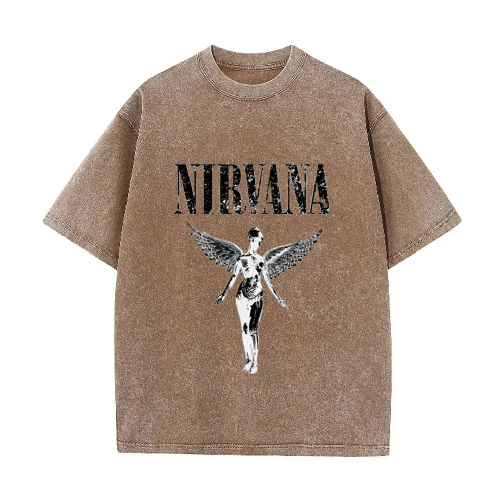 Vintage Distressed Washed Tee Nirvana Grunge Rock Silver Angel Skeleton Print Loose Fit Short Sleeve T Shirts by Vimost Shop