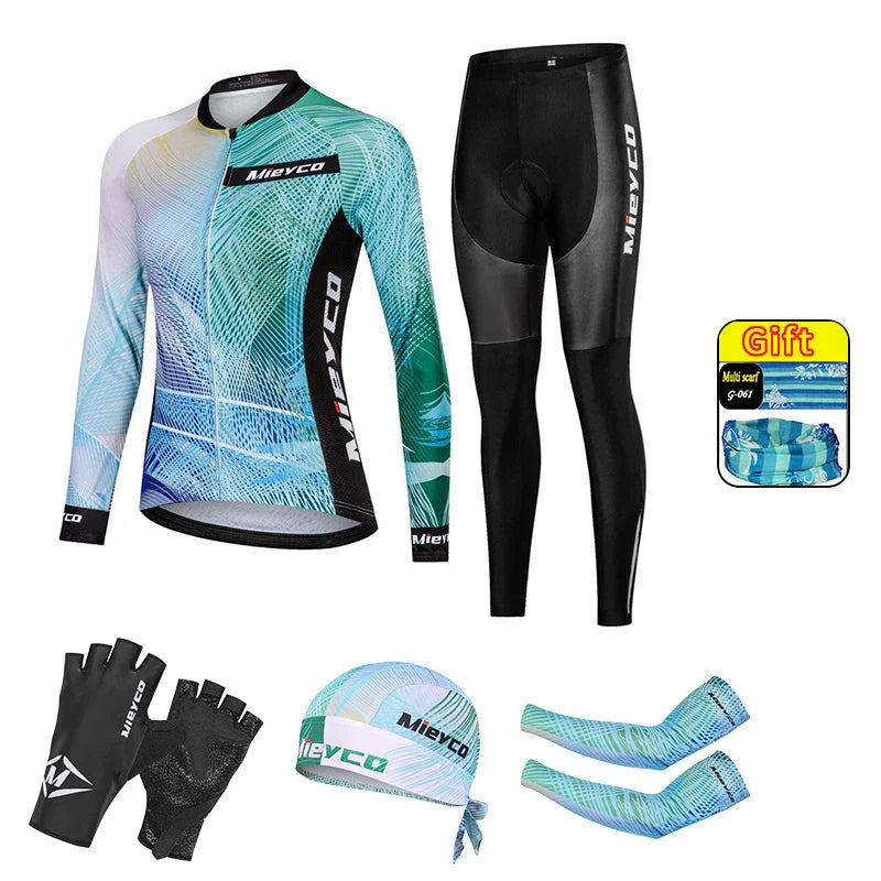 Women Long Sleeve Cycling Jersey Set MTB Bike Pants Kit Breathable Sportswear-22