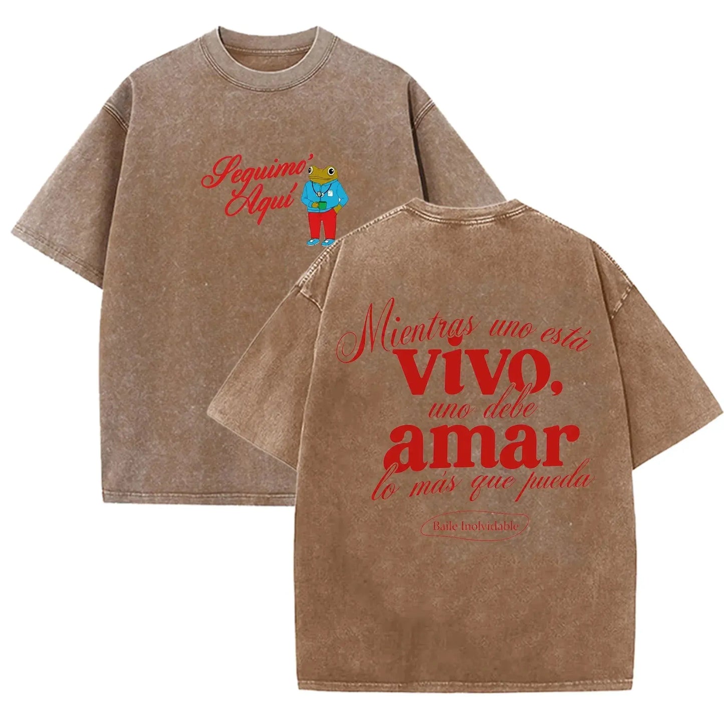 Vintage Washed Black Seguimo Aqui Frog Spanish Slogan Front Back Print Casual T Shirt by Vimost Shop