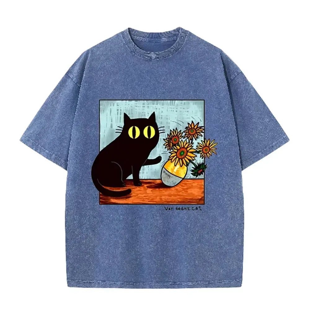 Funny Art Cat Van Gogh's Cat Print Vintage Washed Blue Casual Graphic T Shirt by Vimost Shop