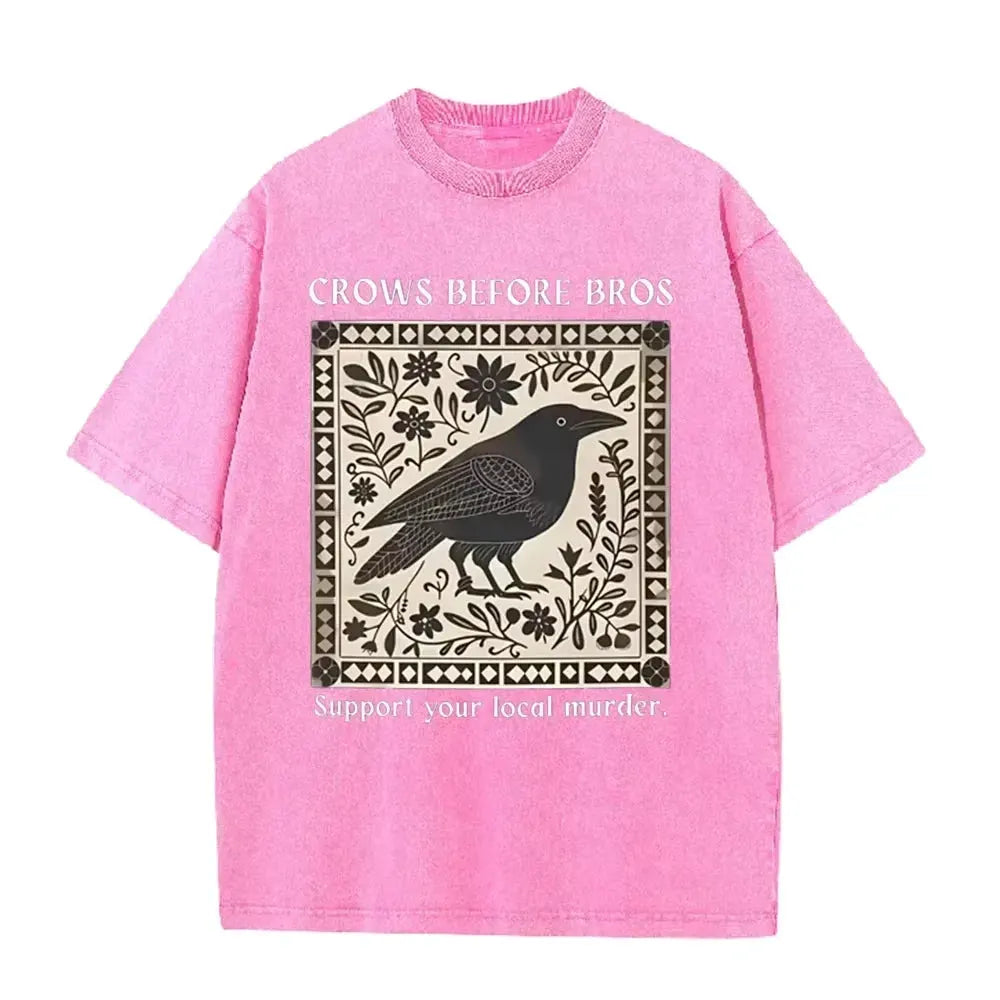 Distressed Vintage Washed Tee Vintage Square Crow Floral Print Support Local Murder Funny Slogan Loose T Shirts by Vimost Shop