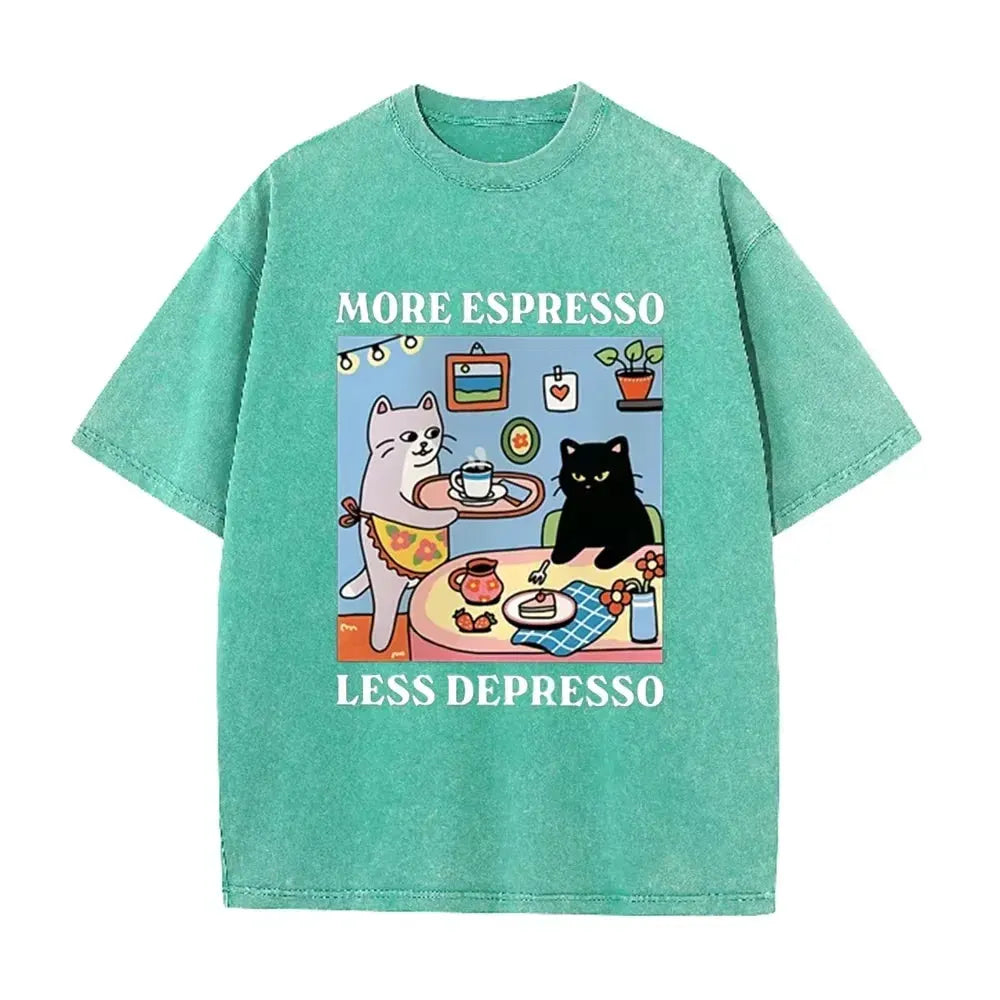 Vintage Black Cat Coffee T Shirt More Espresso Less Depresso Graphic Acid Wash Tee by Vimost Shop