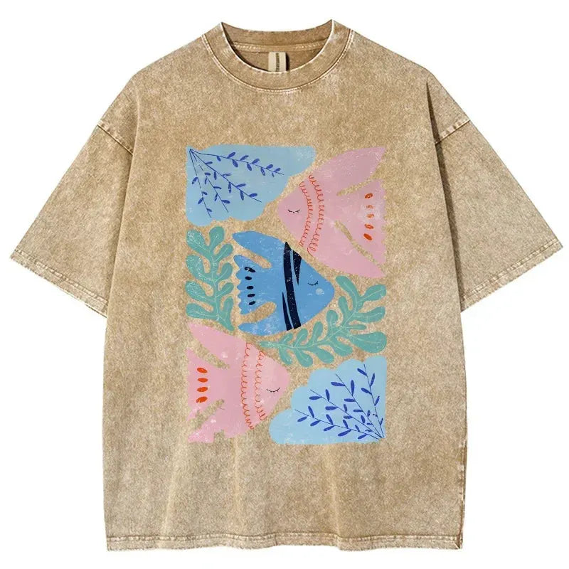 Feng Shui Minimalist Cartoon Printed Men's T-shirt Large Loose T-shirt Casual Retro Washed Short Sleeved T-shirt by Vimost Shop