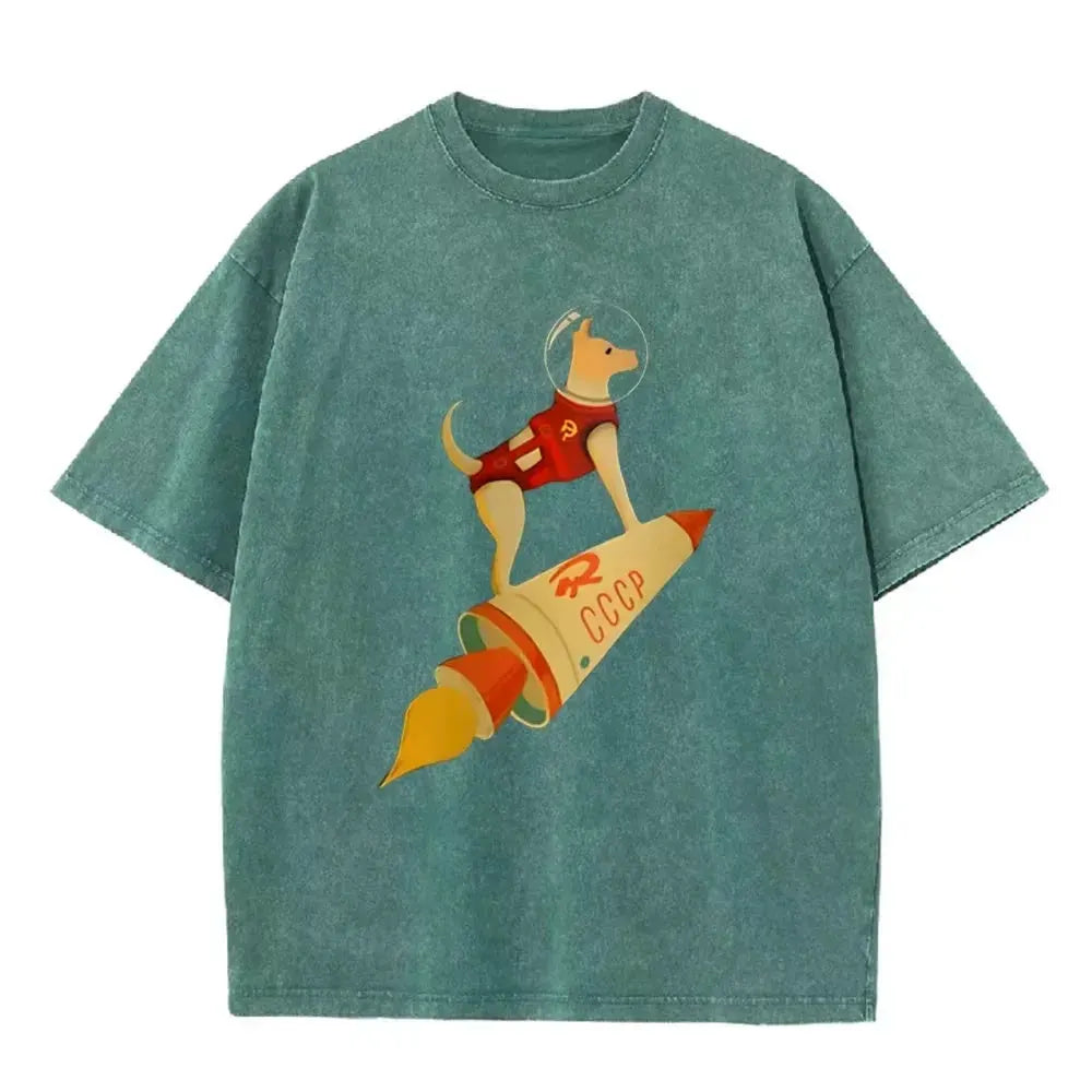 Vintage Washed Gray Tshirt CCCP Laika Space Dog Rocket Cartoon Print Loose Short Sleeve Retro Soviet Casual Tee by Vimost Shop