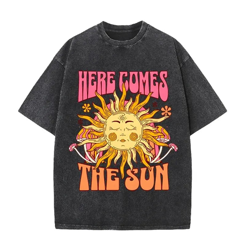 Vintage Black Here Comes The Sun T Shirt Retro Psychedelic Sun Acid Wash Tee by Vimost Shop