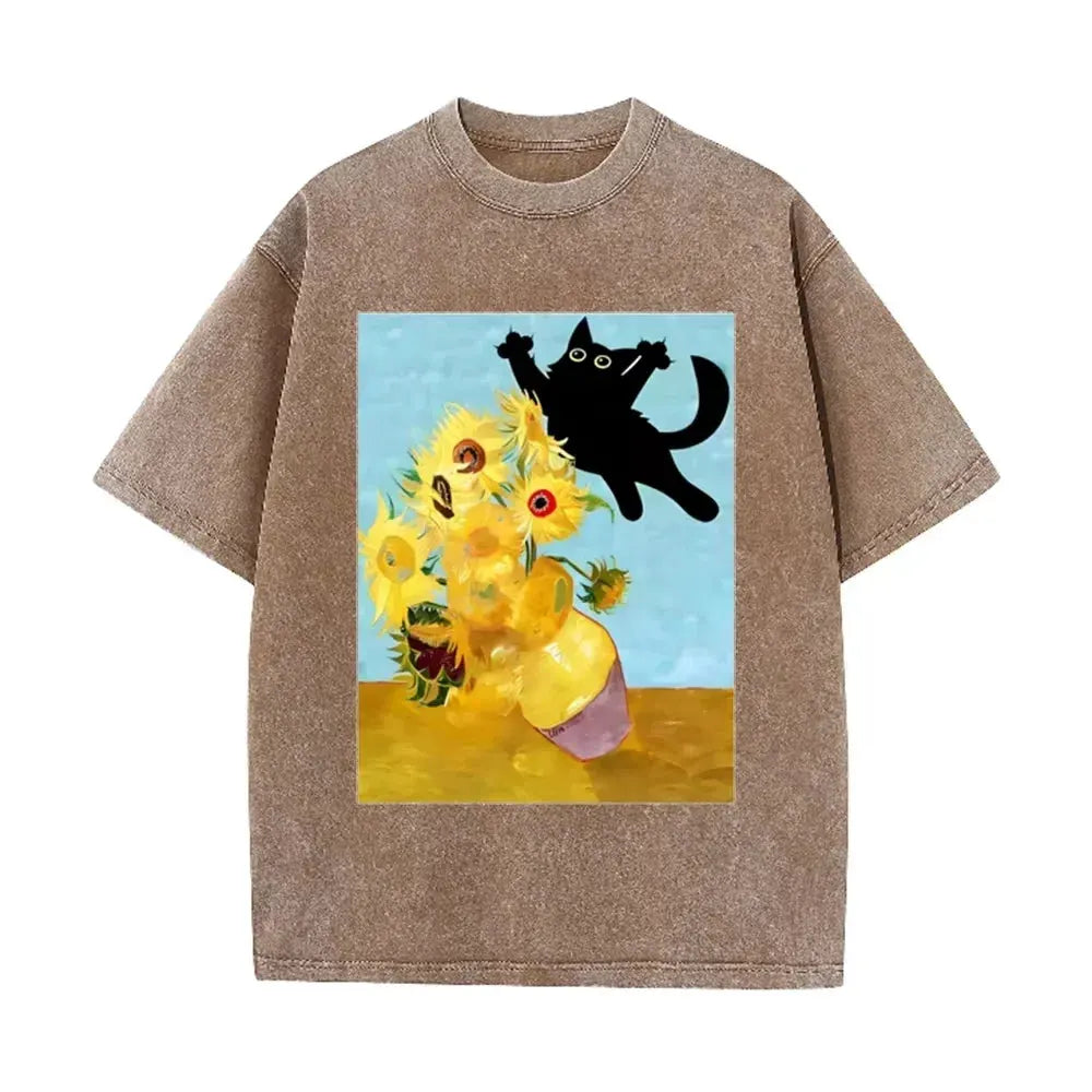 Van Gogh Sunflower Black Cat Parody Print Vintage Washed Purple Casual Art T Shirt by Vimost Shop