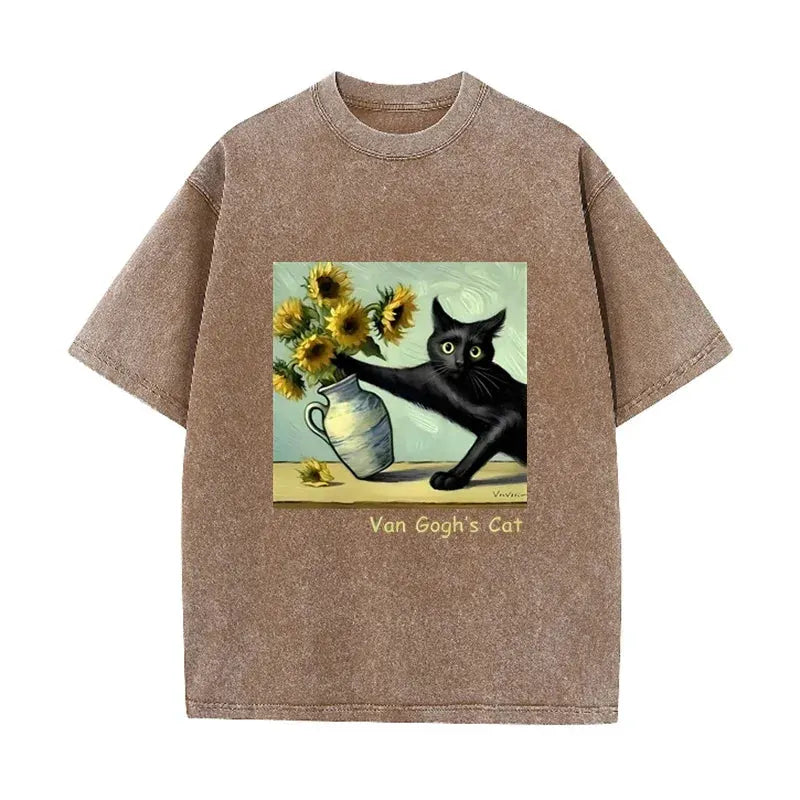 Funny s Cat Sunflower Art Print Vintage Washed Black Casual Top by Vimost Shop