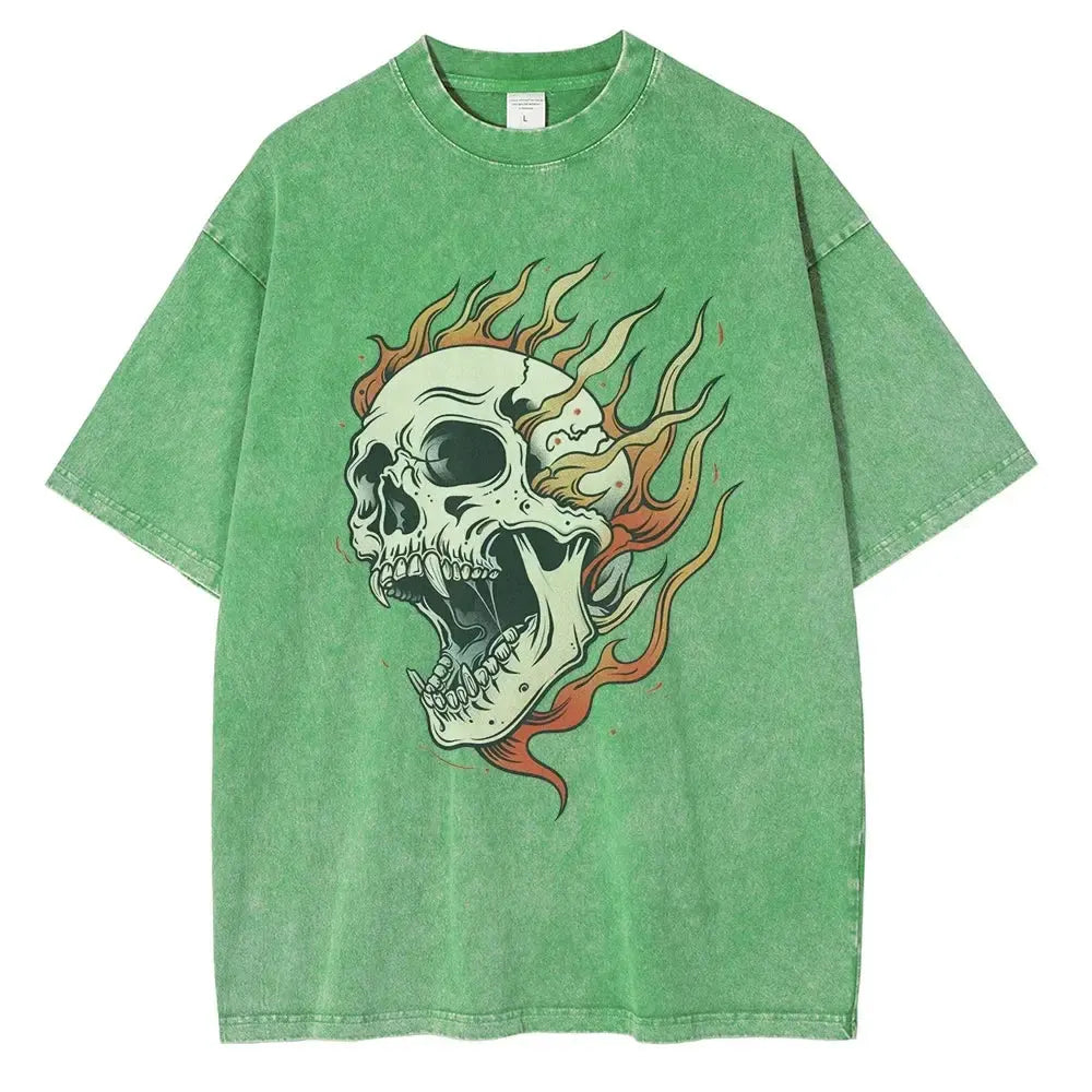 Men's Flame Skull Printed T-shirt Thick Cotton Washed T-shirt,Large Retro Top by Vimost Shop