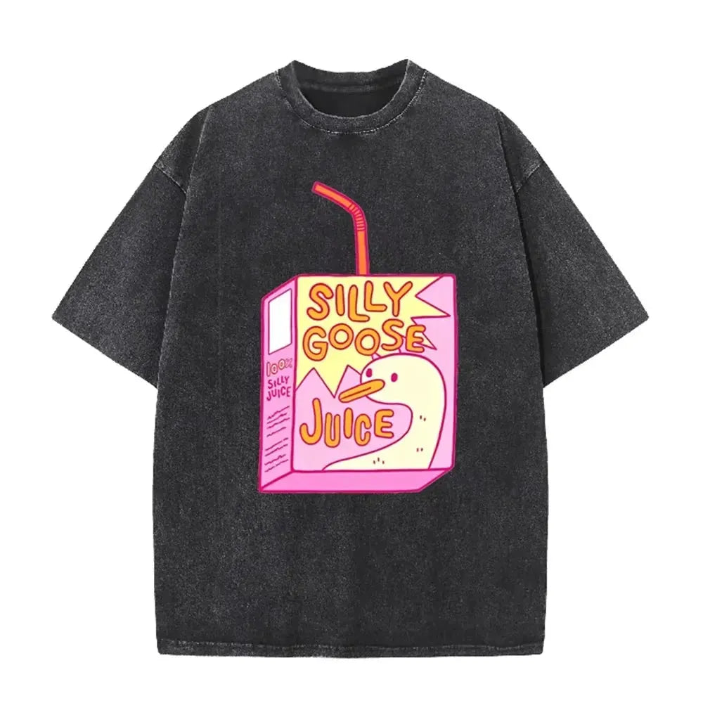 Cute Silly Goose Juice Box Print Washed Purple Y2K Aesthetic Women T-shirt by Vimost Shop