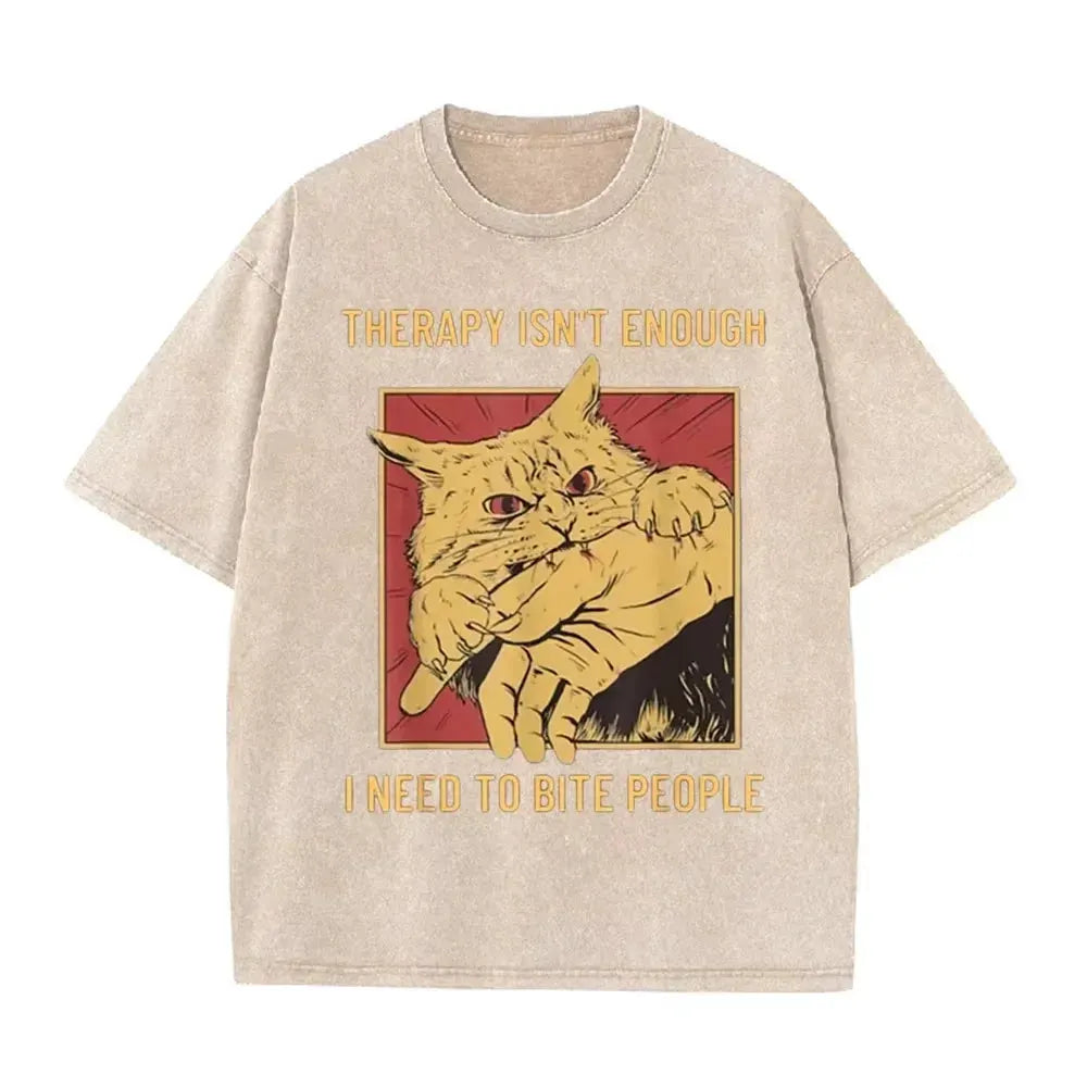 Funny Cat Bite Hand "Therapy Isn't Enough" Print Vintage Washed Black T Shirt by Vimost Shop
