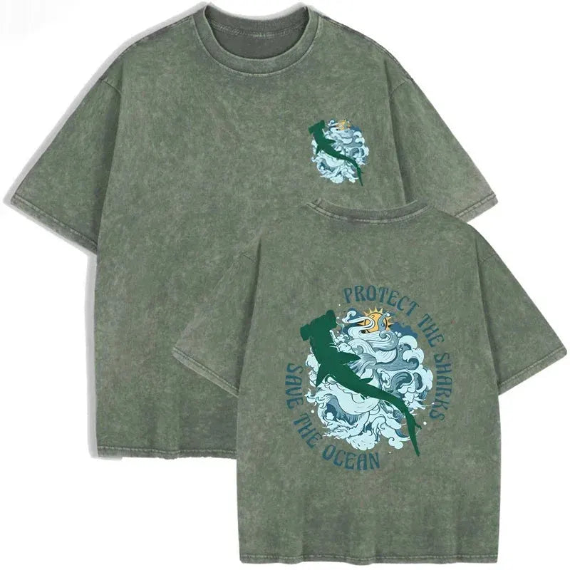 Distressed Vintage Washed Tee Double Print Shark Wave Protect Ocean Letter Loose Fit Short Sleeve T Shirts by Vimost Shop