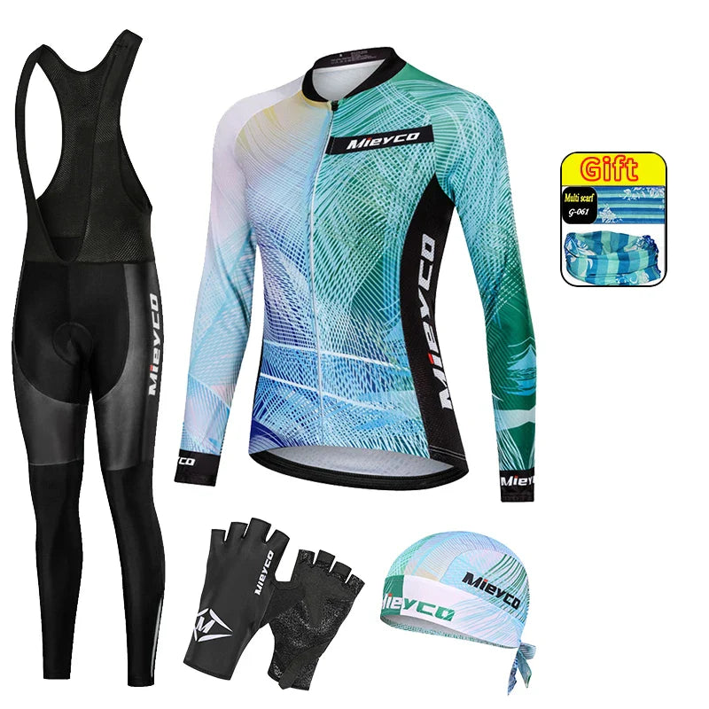 Women Long Sleeve Cycling Jersey Set MTB Bike Pants Kit Breathable Sportswear-21