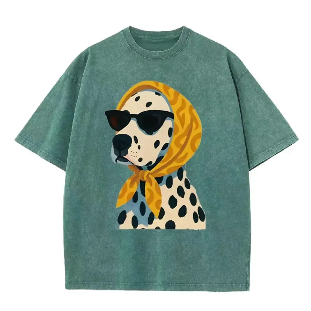 Distressed Vintage Washed Tee Stylish Cool Dalmatian Cartoon Animal Print Loose Fit Short Sleeve T Shirts by Vimost Shop