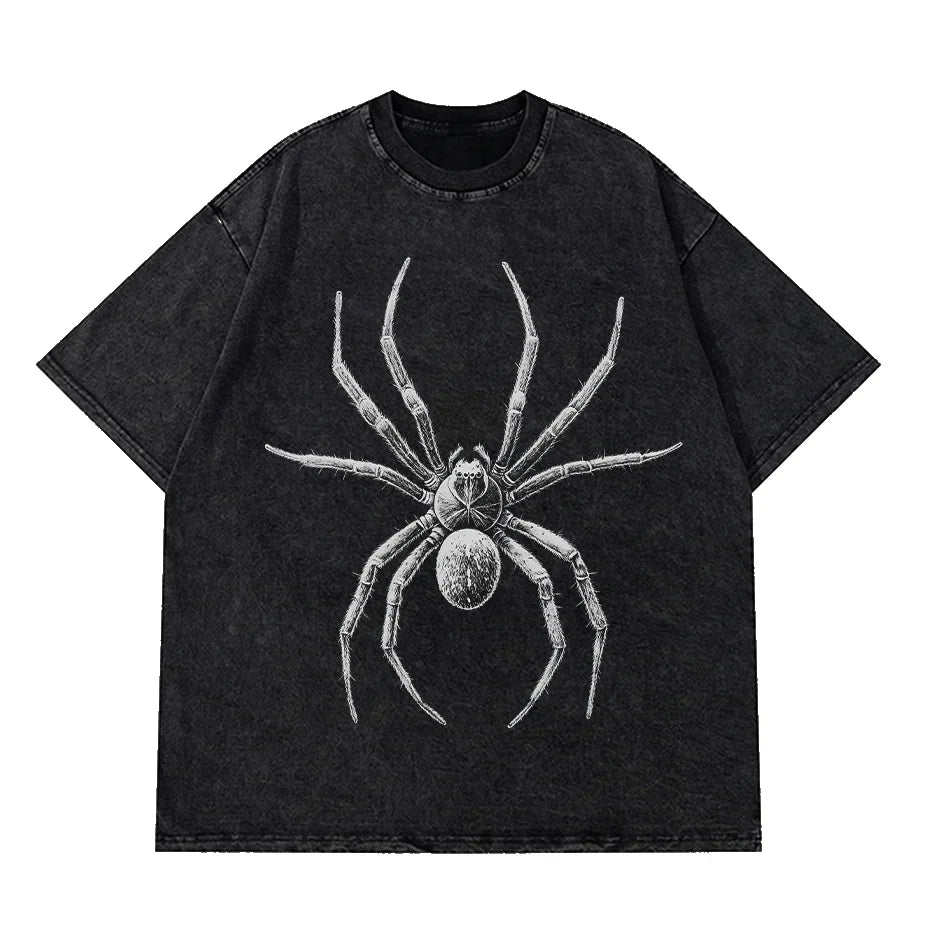 Spider Hand-Drawn Graphic Distressed Oversized Cotton T-Shirt-0