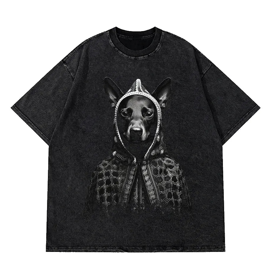 Gothic Dog Letter Print Vintage Washed Oversized T-Shirt by Vimost Shop