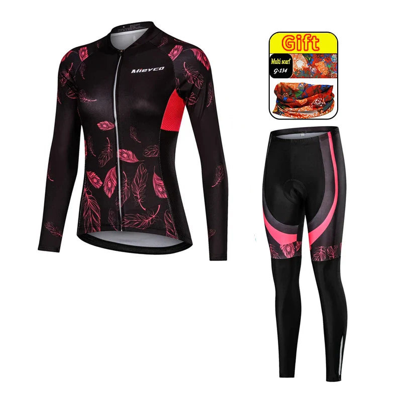 Women Long Sleeve Cycling Jersey Set MTB Bike Pants Kit Breathable Sportswear-23