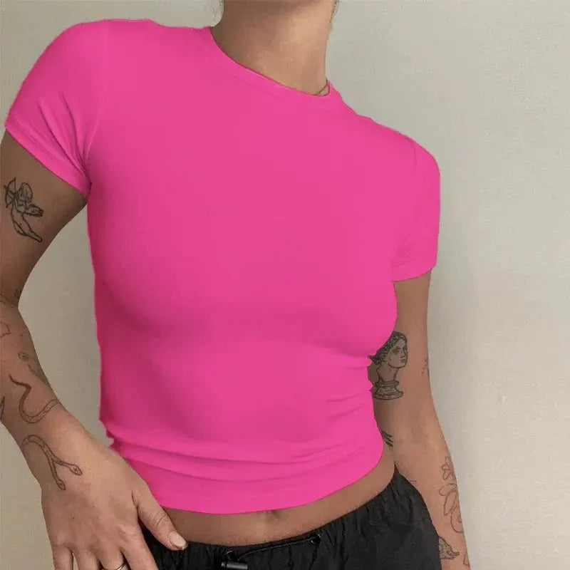 Women’s Slim-Fit Stretch Knit Crew-Neck T-Shirt with Short Sleeves by Vimost Shop