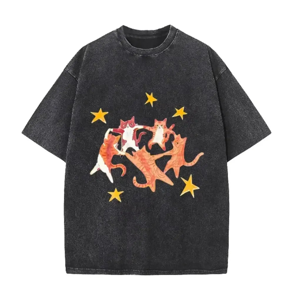 Vintage Washed Purple Dancing Orange Cats Star Print Casual Cute Animal Graphic T Shirt by Vimost Shop