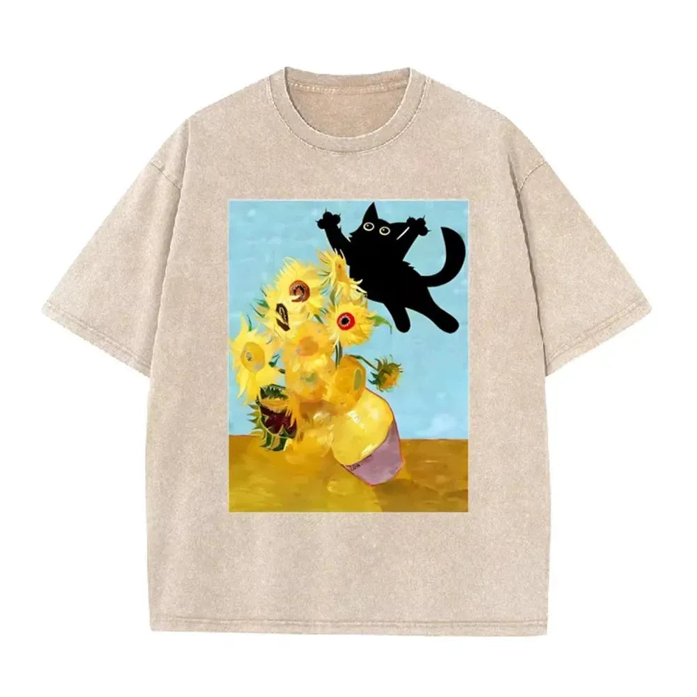 Van Gogh Sunflower Black Cat Parody Print Vintage Washed Purple Casual Art T Shirt by Vimost Shop