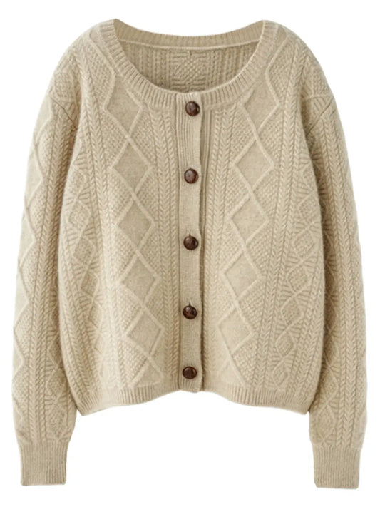 new autumn and winter cashmere twisted floral women's round neck cardigan sweater loose 100%wool by Vimost Shop