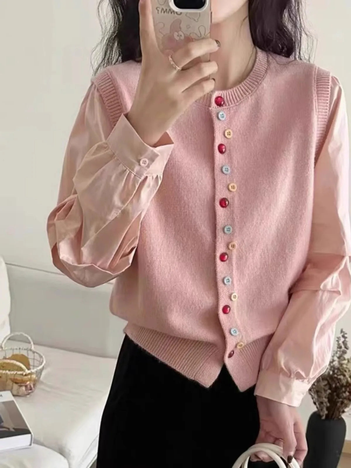 European goods color button cashmere knit vest cardigan women spring and autumn new round neck sleeveless sweater vest-7