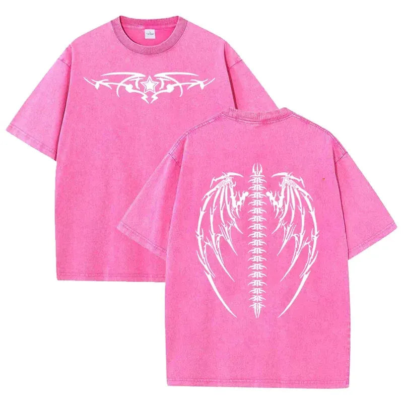 Gothic Tribal Wing Spine Print Vintage Washed Gray Y2K Casual Graphic T Shirt by Vimost Shop