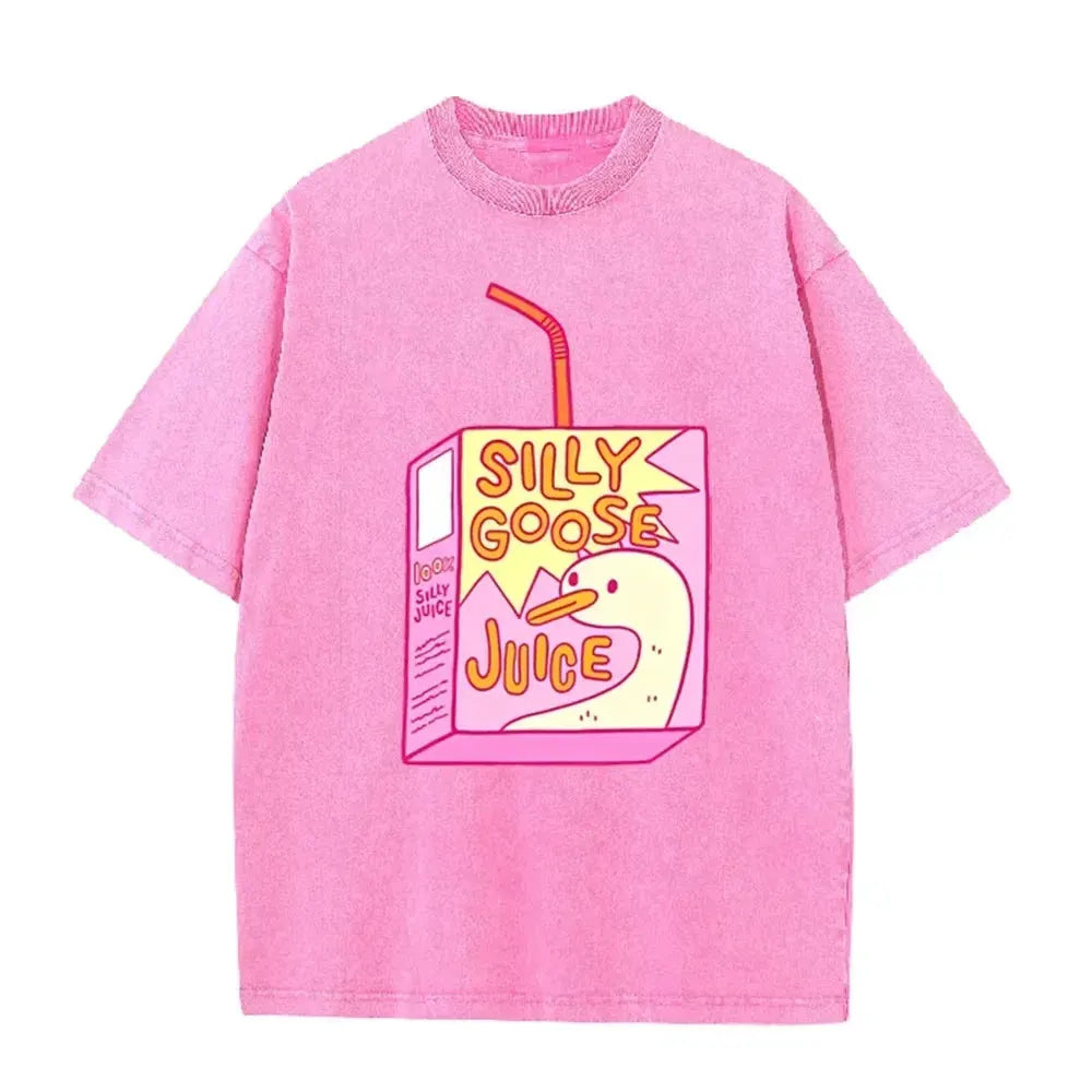 Cute Silly Goose Juice Box Print Washed Purple Y2K Aesthetic Women T-shirt by Vimost Shop