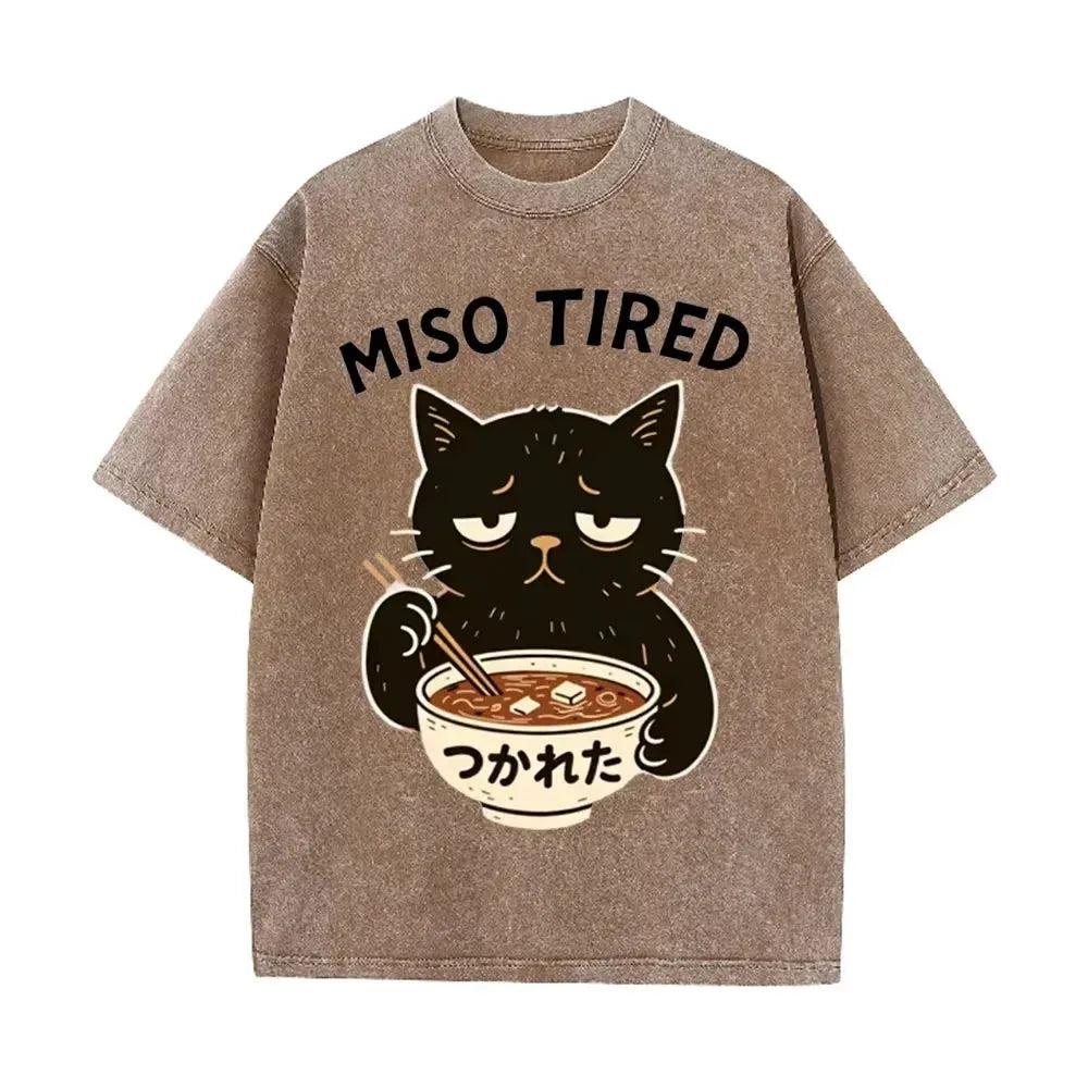 Vintage Washed Purple Miso Tired Black Cat Miso Soup Casual T Shirt by Vimost Shop