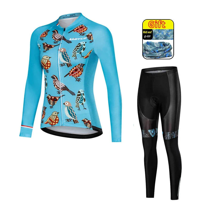 Women Long Sleeve Cycling Jersey Set MTB Bike Pants Kit Breathable Sportswear-18