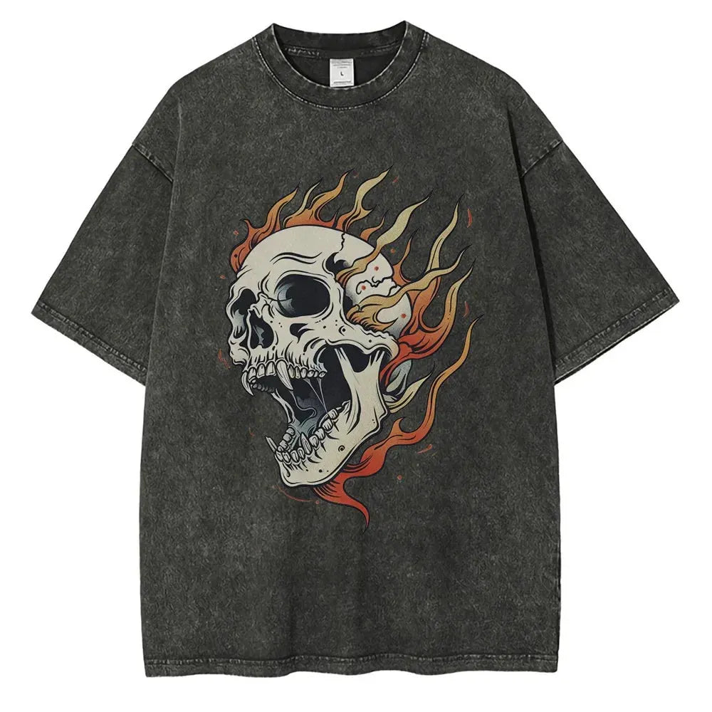 Men's Flame Skull Printed T-shirt Thick Cotton Washed T-shirt,Large Retro Top by Vimost Shop