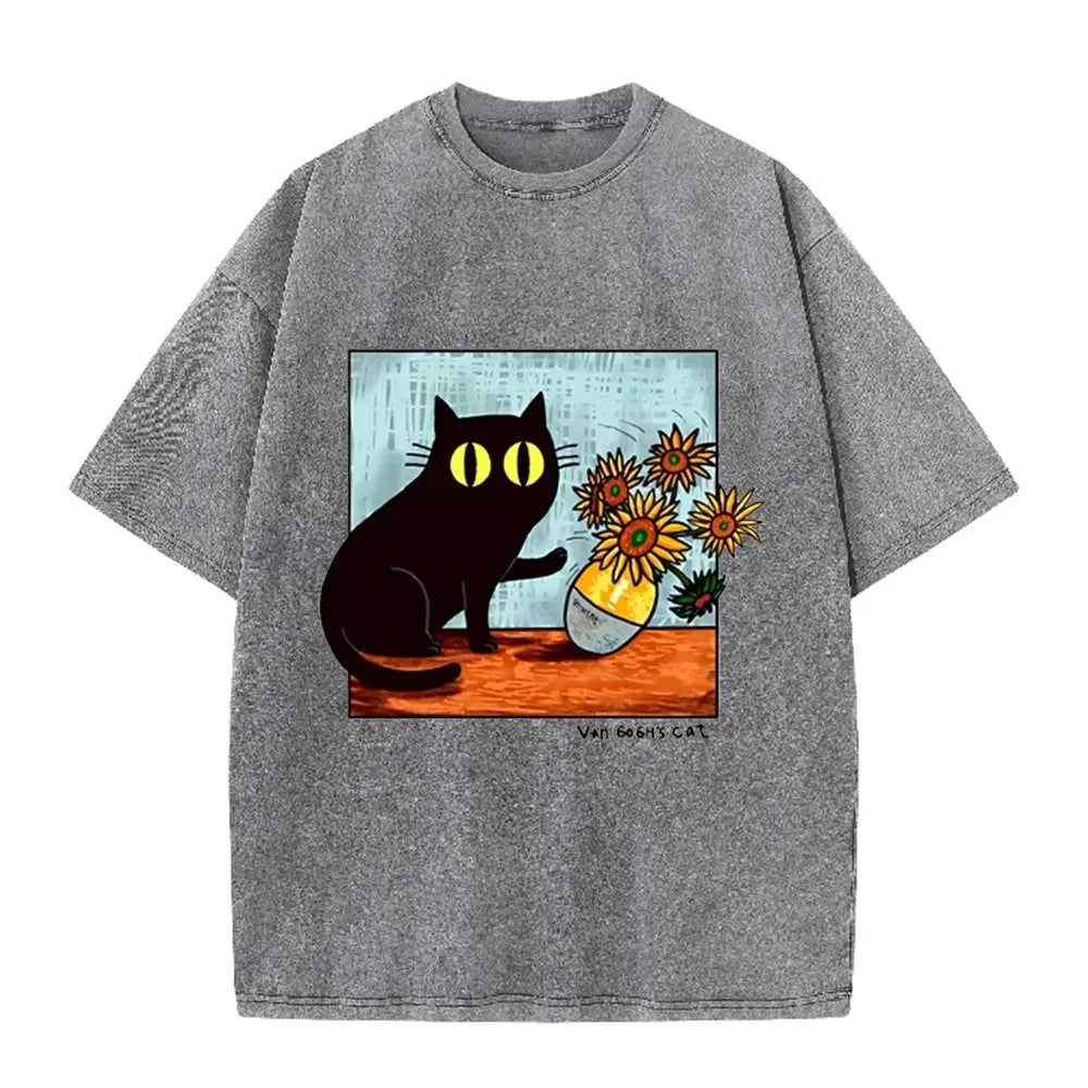 Funny Art Cat Van Gogh's Cat Print Vintage Washed Blue Casual Graphic T Shirt by Vimost Shop