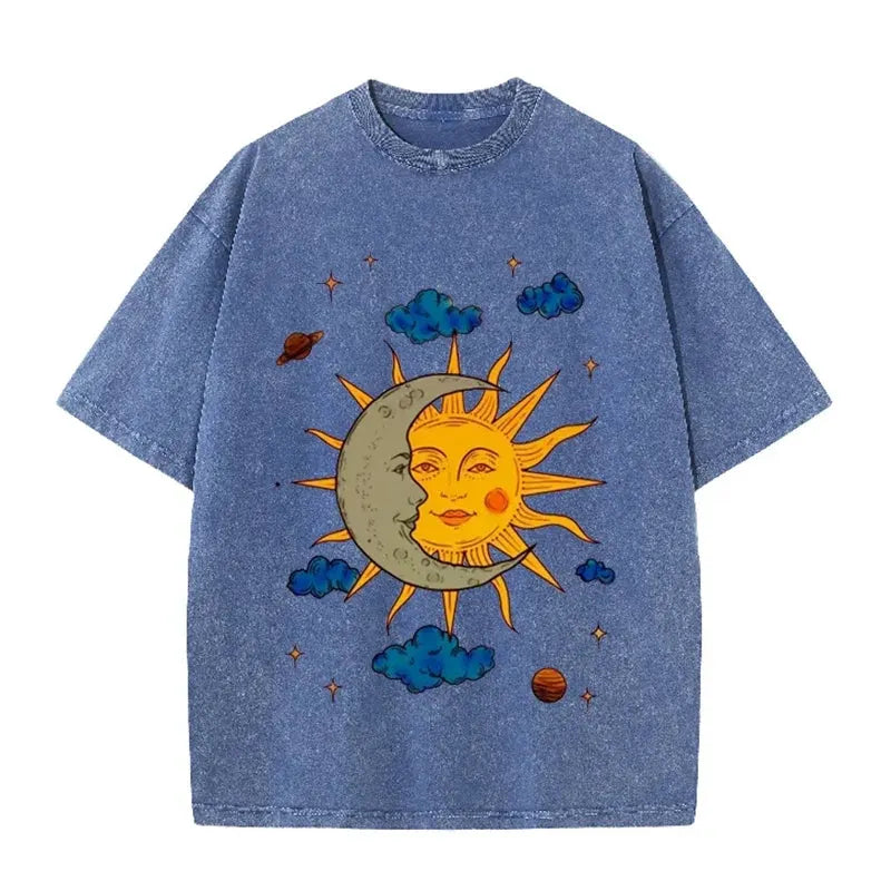Men's Moon and Sun Printed T-shirt Oversized Short Sleeved Retro Washed Shirt Summer Top by Vimost Shop
