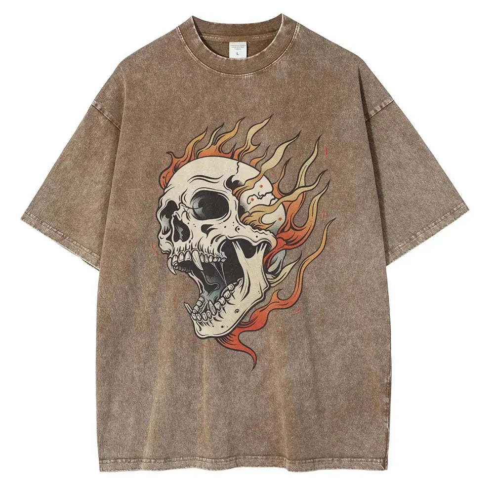 Men's Flame Skull Printed T-shirt Thick Cotton Washed T-shirt,Large Retro Top by Vimost Shop