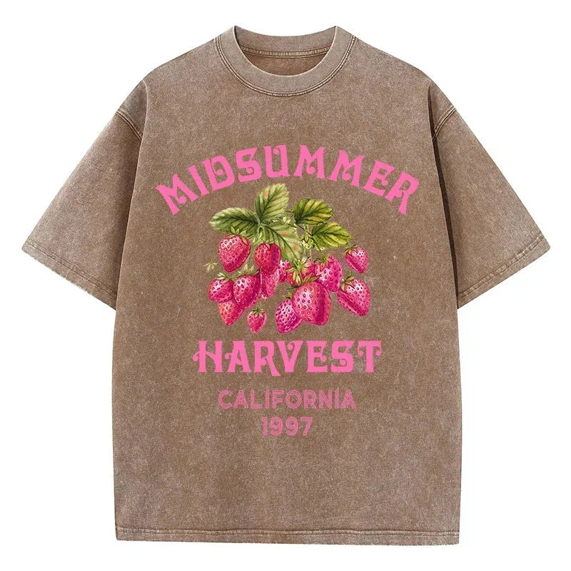 Men's Cotton T-shirt Strawberry Printed Washed T-shirt Comfortable Round Neck Top Men's Summer Clothing by Vimost Shop