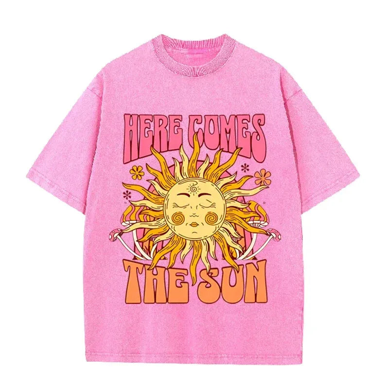 Vintage Black Here Comes The Sun T Shirt Retro Psychedelic Sun Acid Wash Tee by Vimost Shop