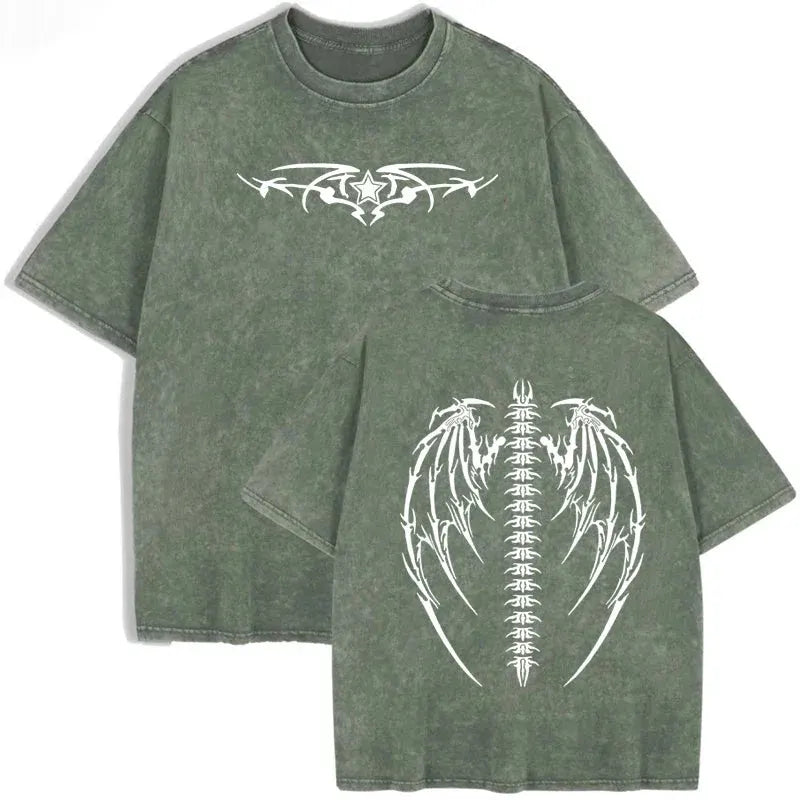 Gothic Tribal Wing Spine Print Vintage Washed Gray Y2K Casual Graphic T Shirt by Vimost Shop