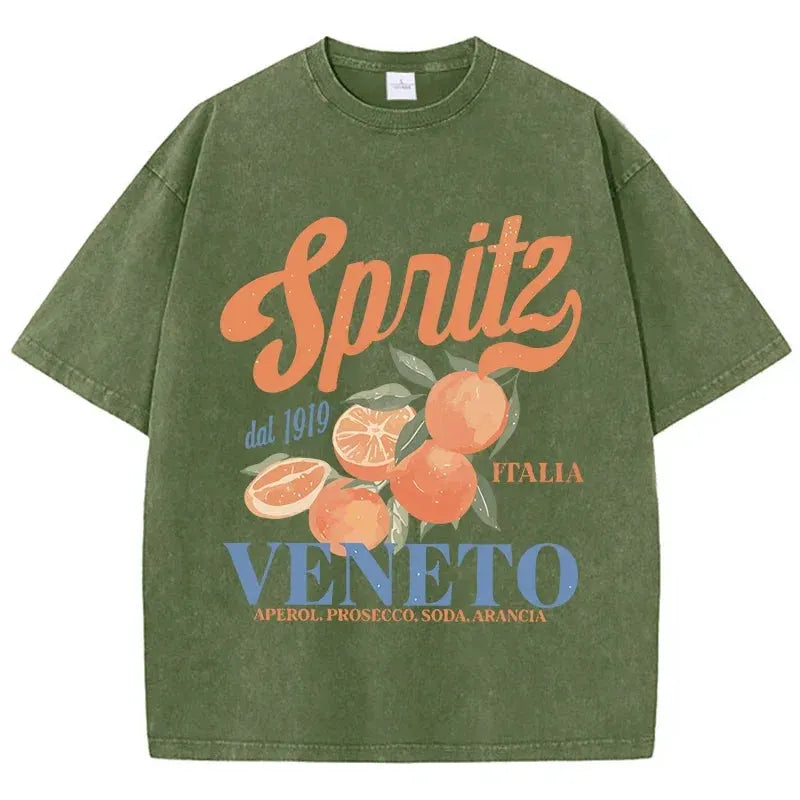 Orange Fruit Printed Washed T-shirt for Men Cotton T-shirt with Holes Round Neck Comfortable Top for Summer Men's Wear by Vimost Shop