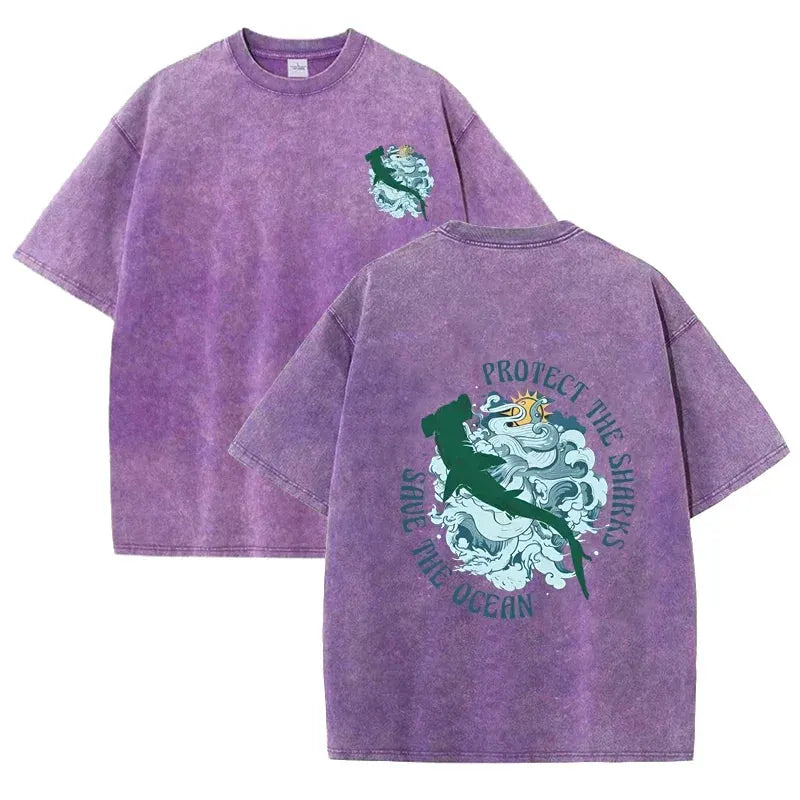 Distressed Vintage Washed Tee Double Print Shark Wave Protect Ocean Letter Loose Fit Short Sleeve T Shirts by Vimost Shop