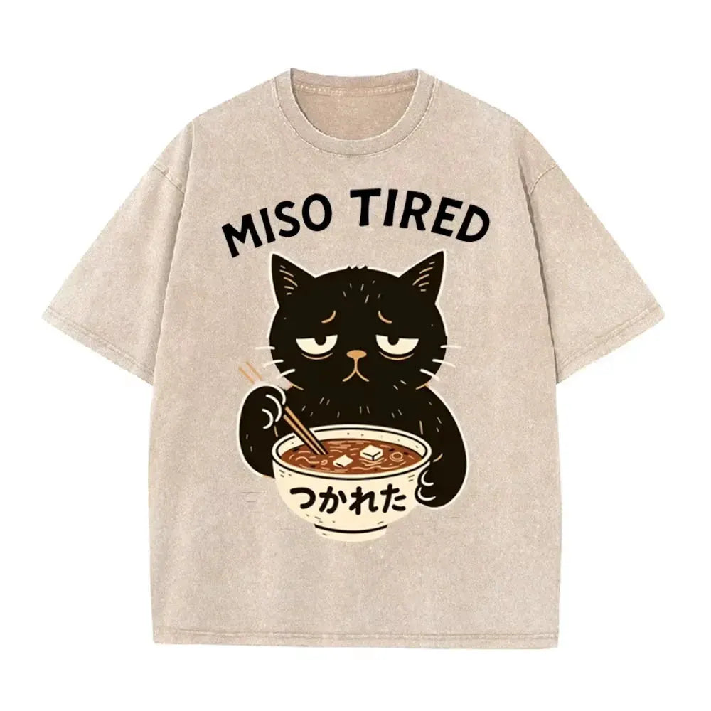 Vintage Washed Purple Miso Tired Black Cat Miso Soup Casual T Shirt by Vimost Shop
