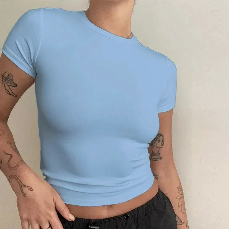 Women’s Slim-Fit Stretch Knit Crew-Neck T-Shirt with Short Sleeves by Vimost Shop