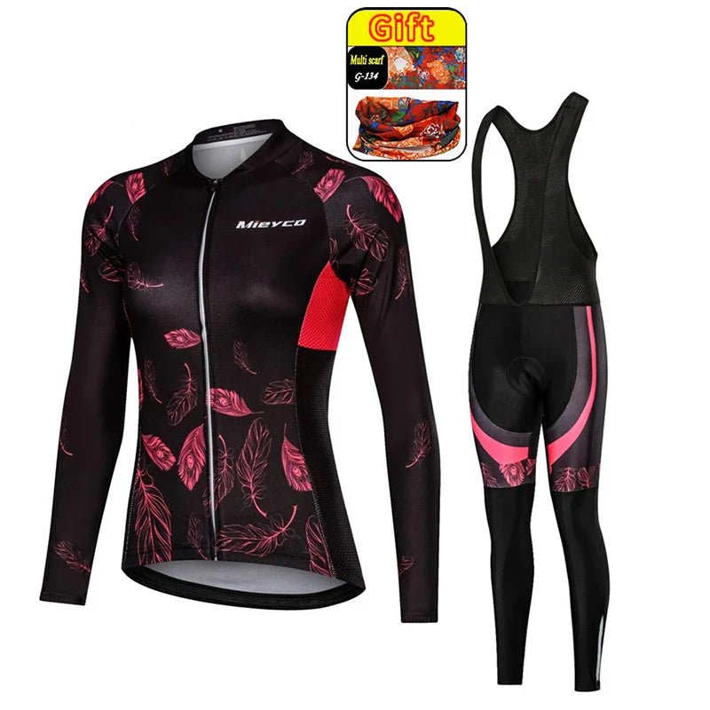 Women Long Sleeve Cycling Jersey Set MTB Bike Pants Kit Breathable Sportswear-12