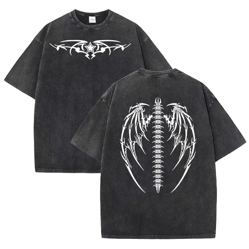 Gothic Tribal Wing Spine Print Vintage Washed Gray Y2K Casual Graphic T Shirt by Vimost Shop