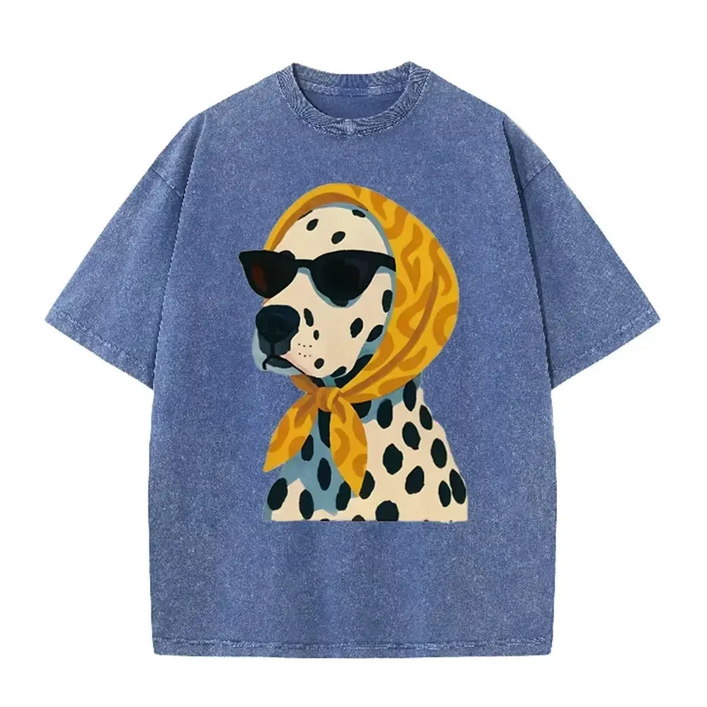 Distressed Vintage Washed Tee Stylish Cool Dalmatian Cartoon Animal Print Loose Fit Short Sleeve T Shirts by Vimost Shop