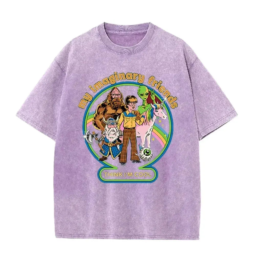 Brown Acid Wash Imaginary Friends Graphic Casual Retro Streetwear Tee by Vimost Shop