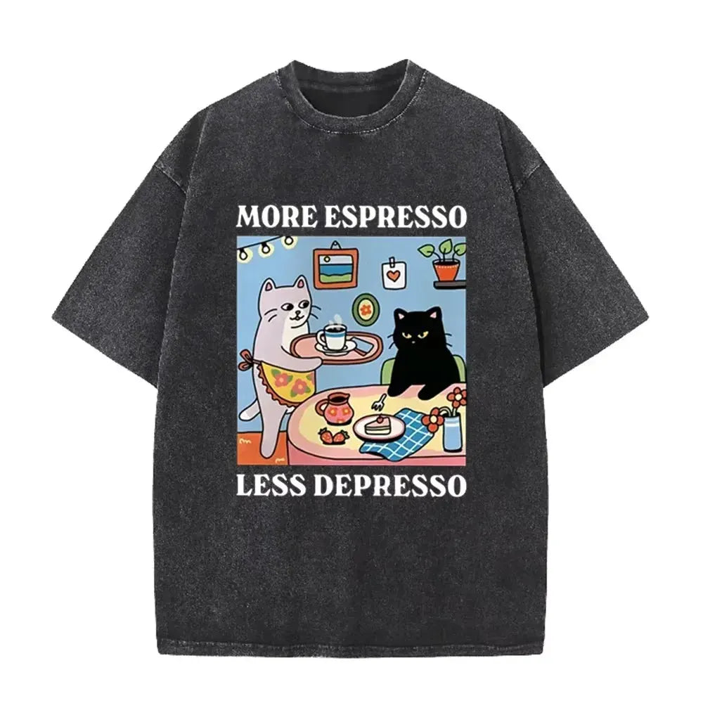 Vintage Black Cat Coffee T Shirt More Espresso Less Depresso Graphic Acid Wash Tee by Vimost Shop